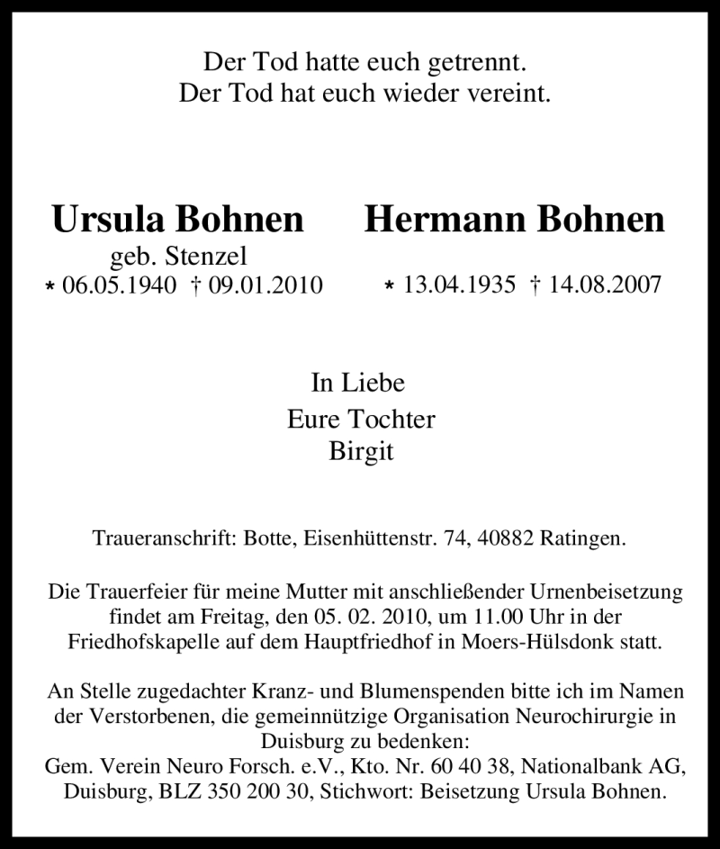 Traueranzeigen Von Ursula Bohnen Trauer In Nrw De