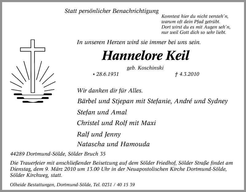 Traueranzeigen Von Hannelore Keil Trauer In Nrw De