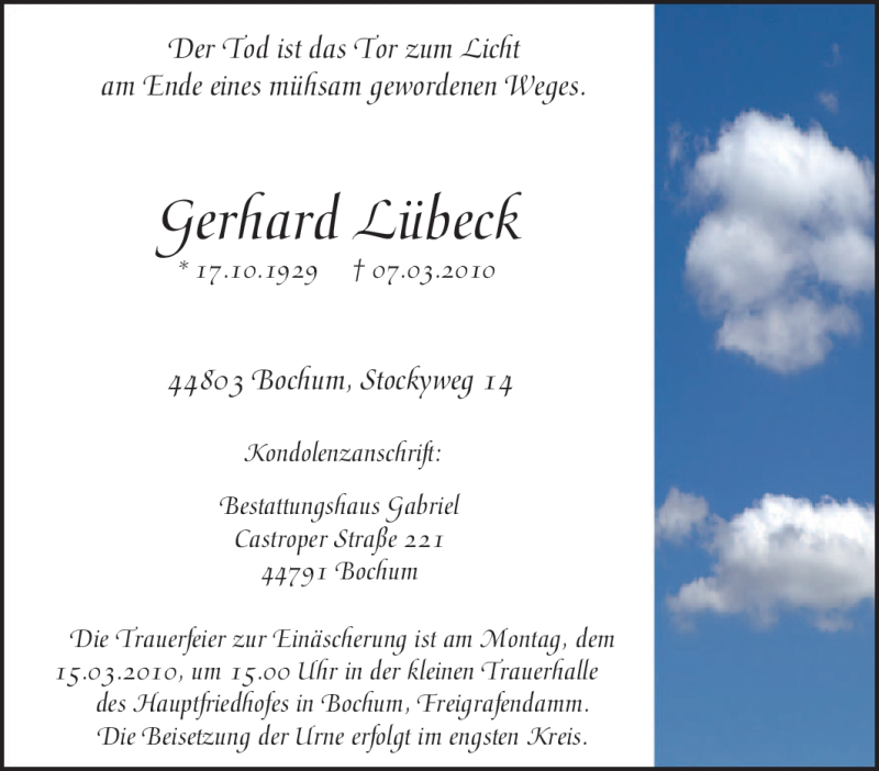 Traueranzeigen Von Gerhard L Beck Trauer In Nrw De