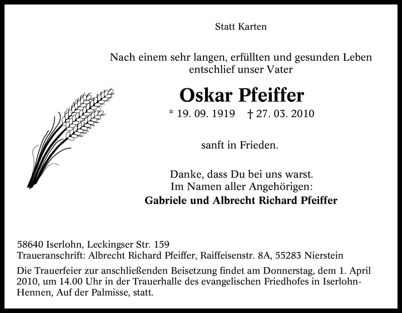 Traueranzeigen Von Oskar Pfeiffer Trauer In NRW De