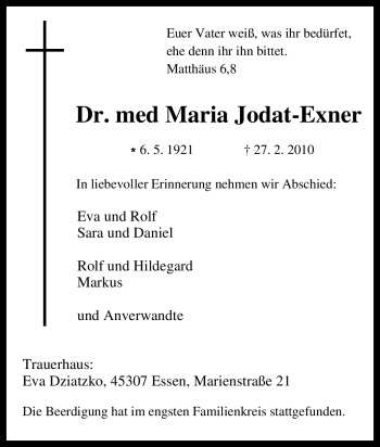 Traueranzeigen Von Maria Jodat Exner Trauer In Nrw De