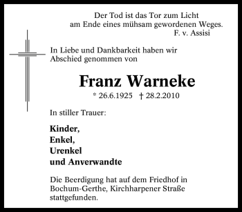 Traueranzeigen Von Franz Warneke Trauer In Nrw De