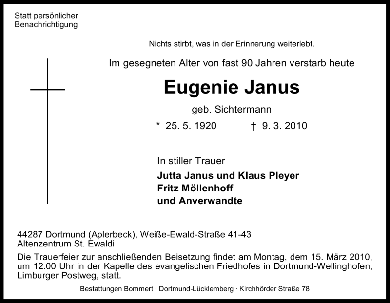 Traueranzeigen Von Eugenie Janus Trauer In Nrw De