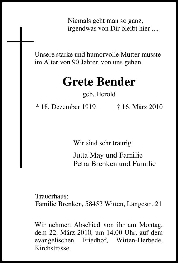 Traueranzeigen Von Grete Bender Trauer In NRW De