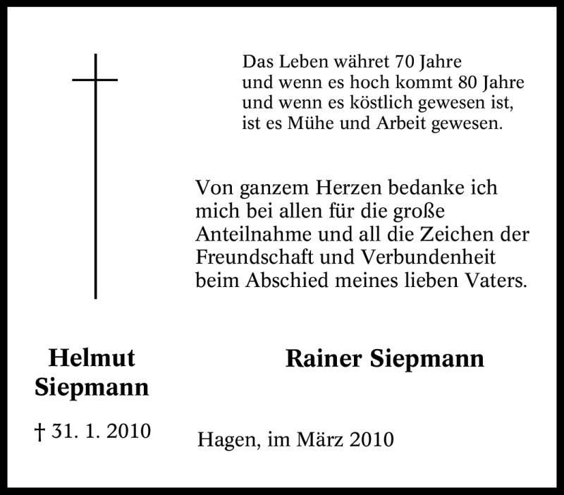 Traueranzeigen Von Helmut Siepmann Trauer In NRW De