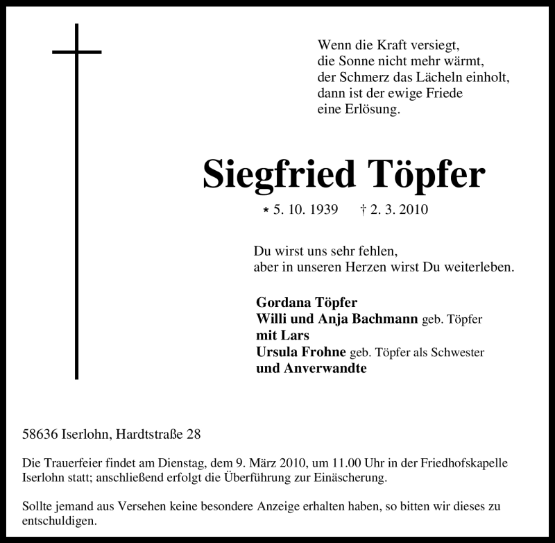 Traueranzeigen von Siegfried Töpfer Trauer in NRW de