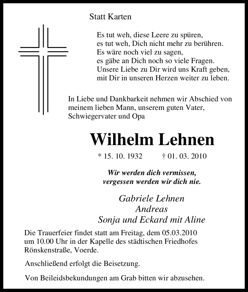 Traueranzeigen Von Wilhelm Lehnen Trauer In Nrw De