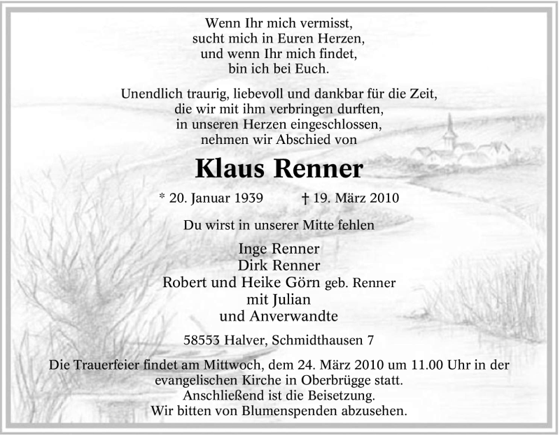 Traueranzeigen Von Klaus Renner Trauer In NRW De