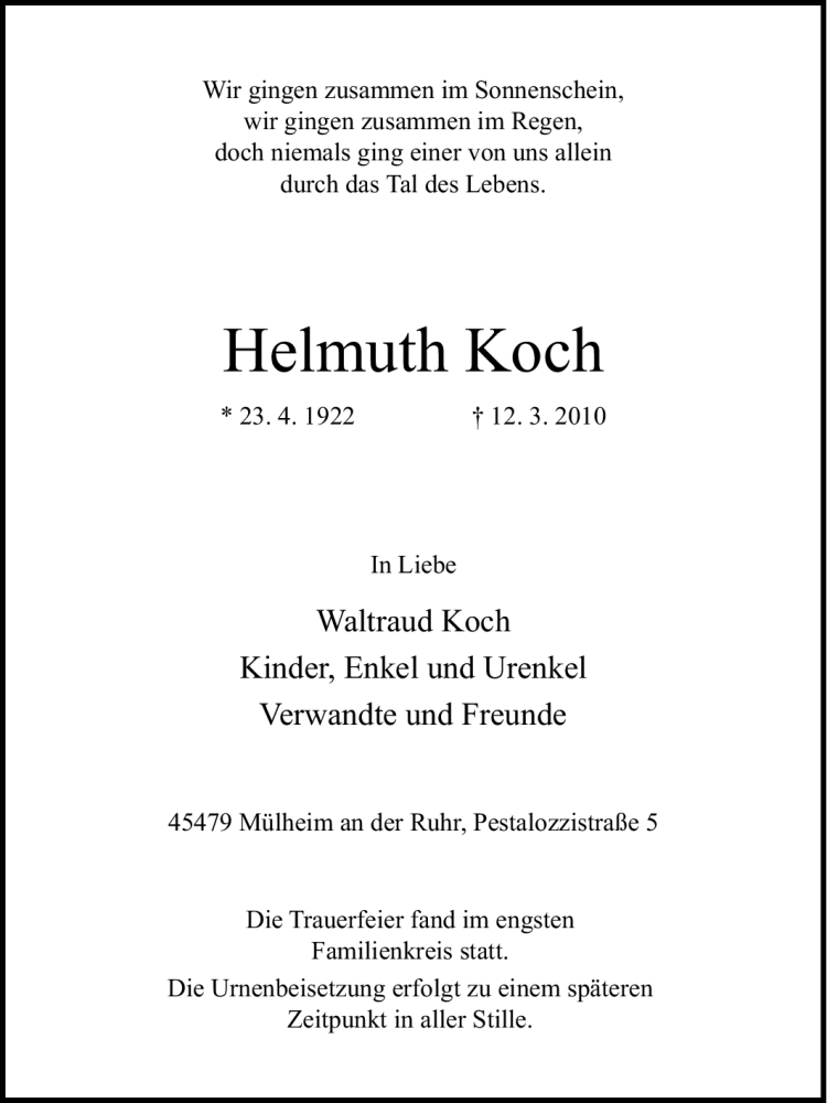 Traueranzeigen Von Helmuth Koch Trauer In NRW De