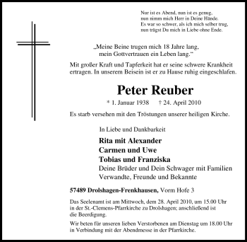 Traueranzeigen Von Peter Reuber Trauer In Nrw De