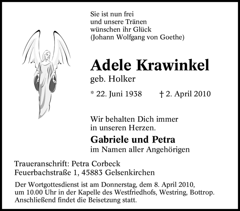 Traueranzeigen Von Adele Krawinkel Trauer In Nrw De