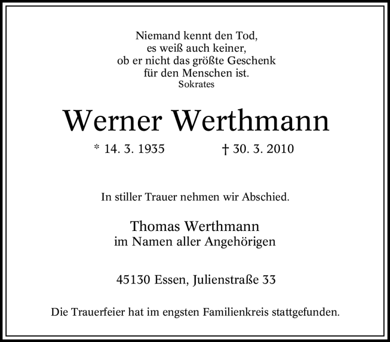 Traueranzeigen Von Werner Werthmann Trauer In NRW De