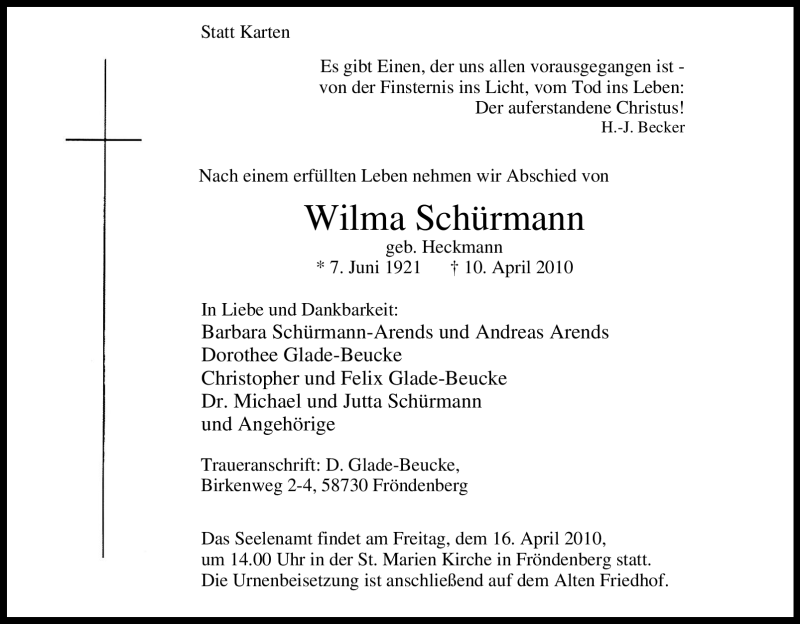 Traueranzeigen Von Wilma Sch Rmann Trauer In Nrw De