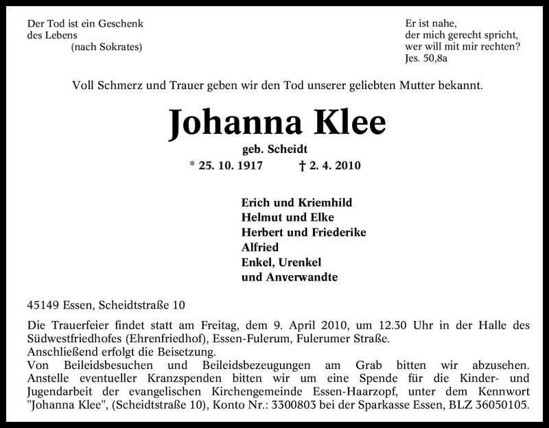 Traueranzeigen Von Johanna Klee Trauer In NRW De