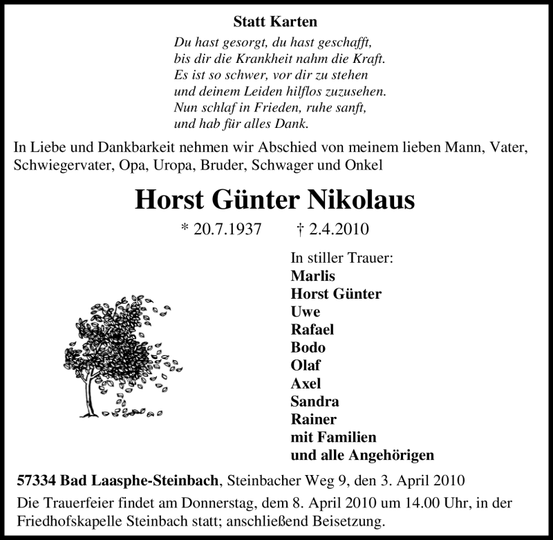 Traueranzeigen Von Horst G Nter Nikolaus Trauer In Nrw De