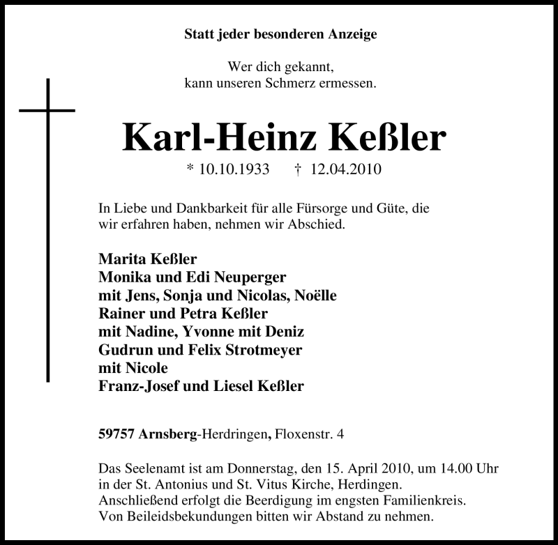 Traueranzeigen von Karl Heinz Keßler Trauer in NRW de