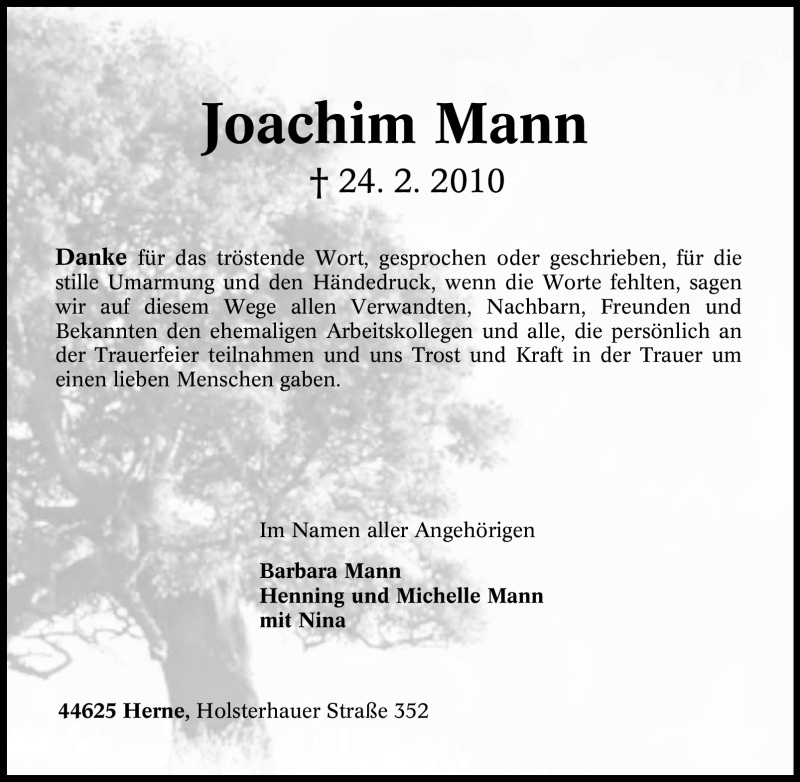 Traueranzeigen Von Joachim Mann Trauer In NRW De