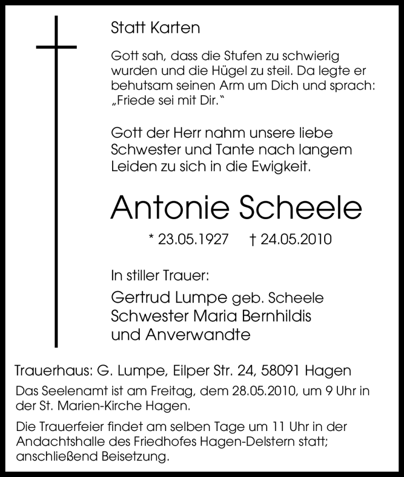 Traueranzeigen Von Antonie Scheele Trauer In Nrw De