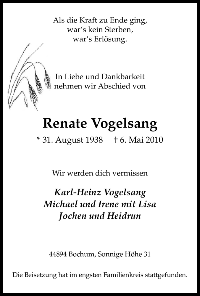 Traueranzeigen Von Renate Vogelsang Trauer In NRW De