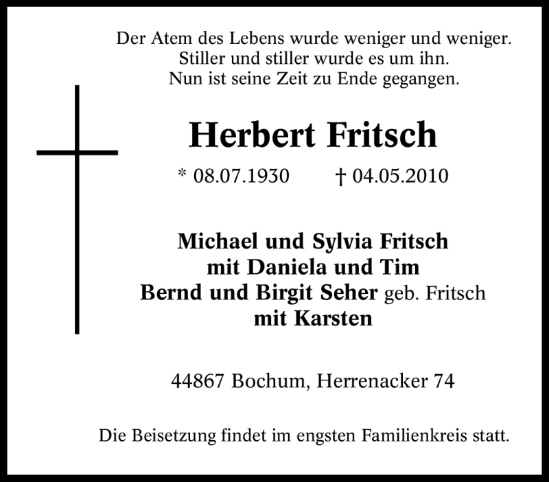 Traueranzeigen Von Herbert Fritsch Trauer In Nrw De