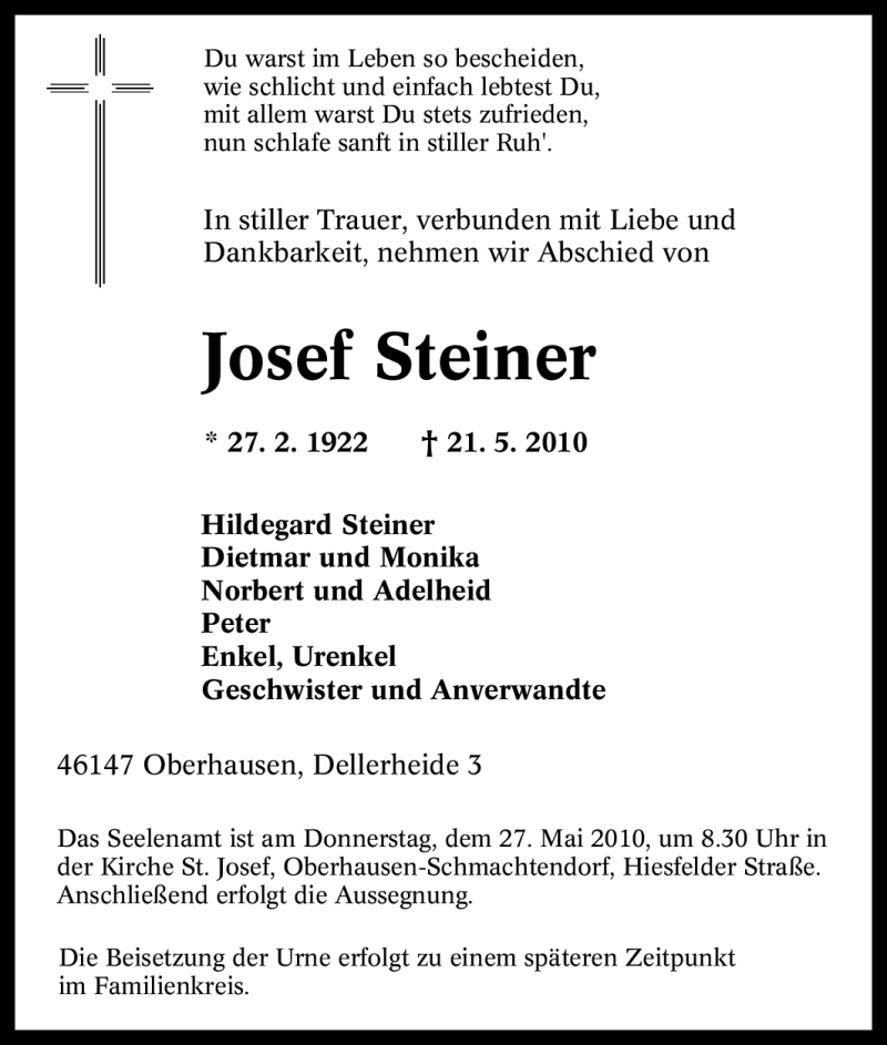 Traueranzeigen Von Josef Steiner Trauer In Nrw De