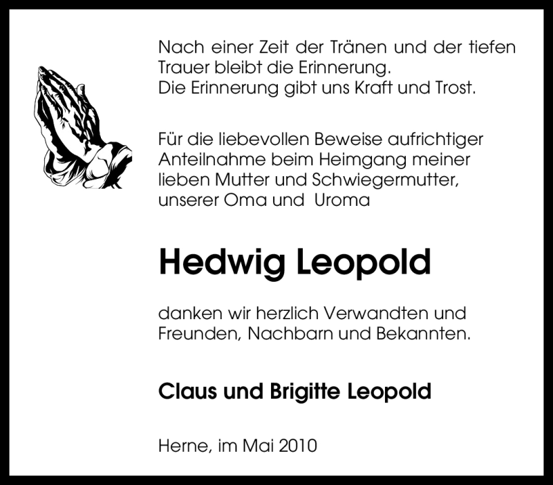 Traueranzeigen Von Hedwig Leopold Trauer In NRW De