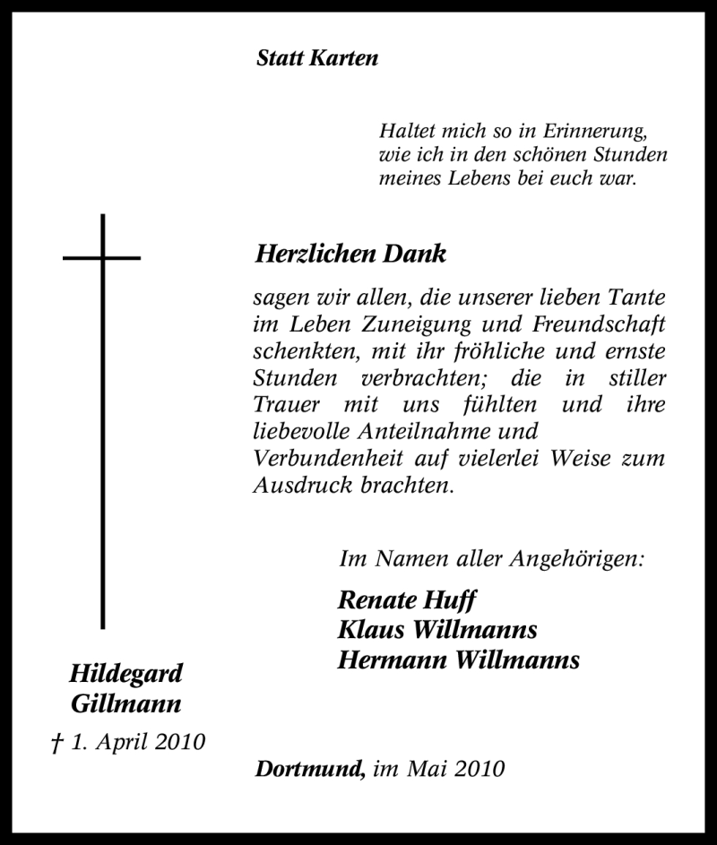 Traueranzeigen Von Hildegard Gillmann Trauer In NRW De