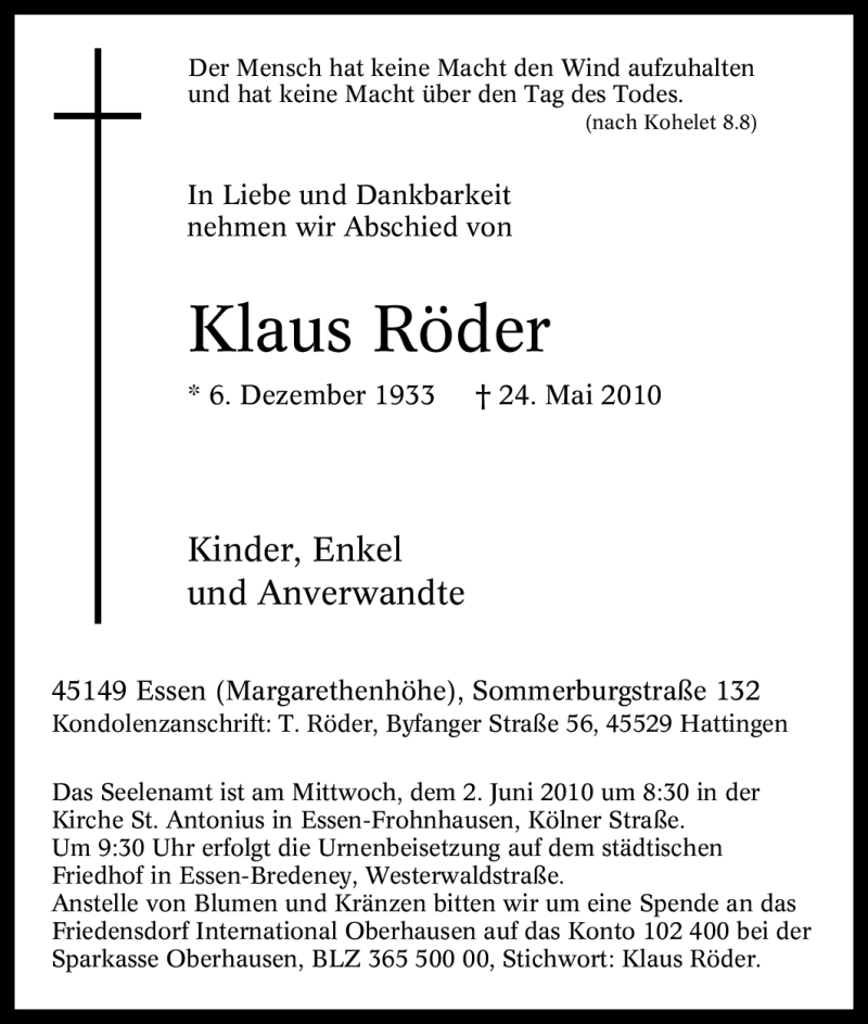 Traueranzeigen von Klaus Röder Trauer in NRW de