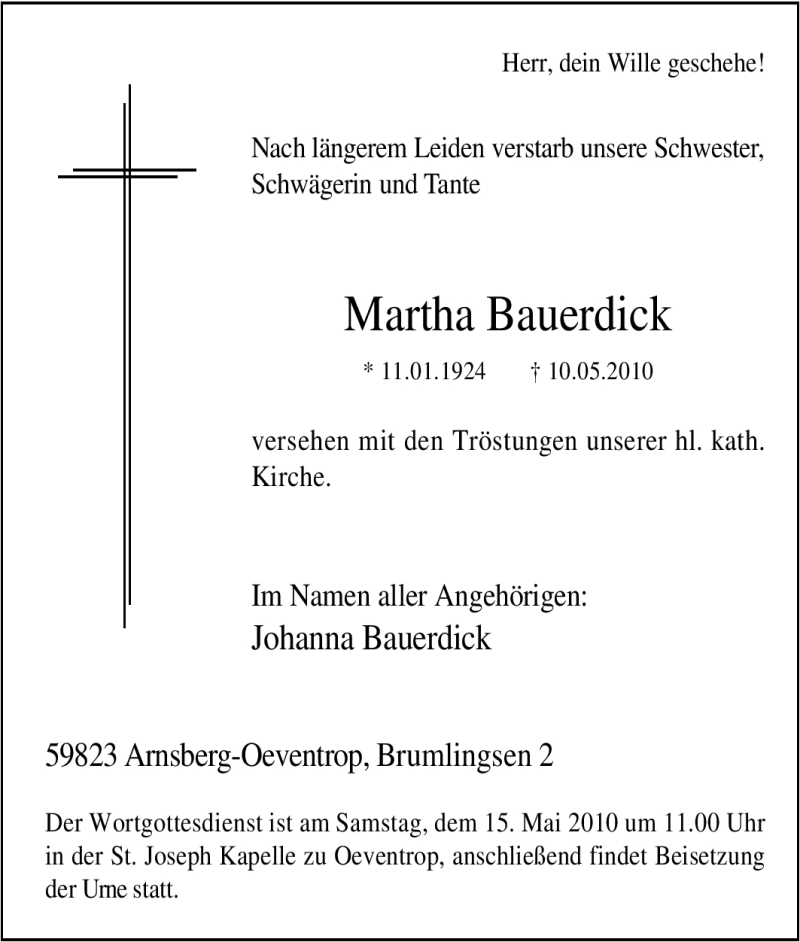 Traueranzeigen Von Martha Bauerdick Trauer In Nrw De