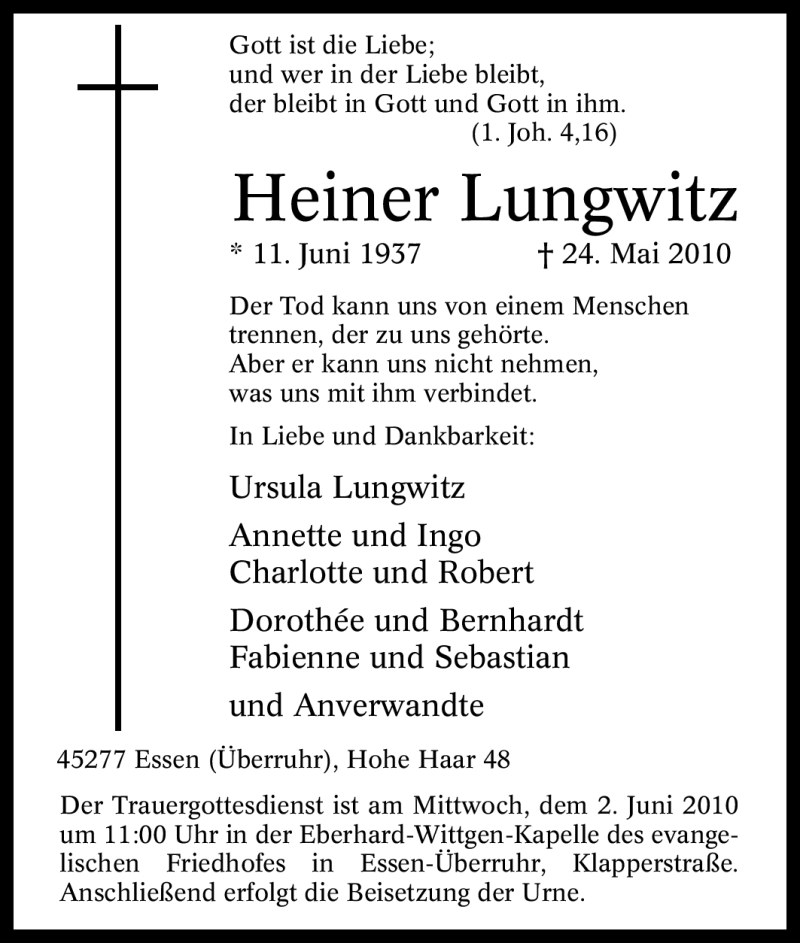 Traueranzeigen Von Heiner Lungwitz Trauer In Nrw De