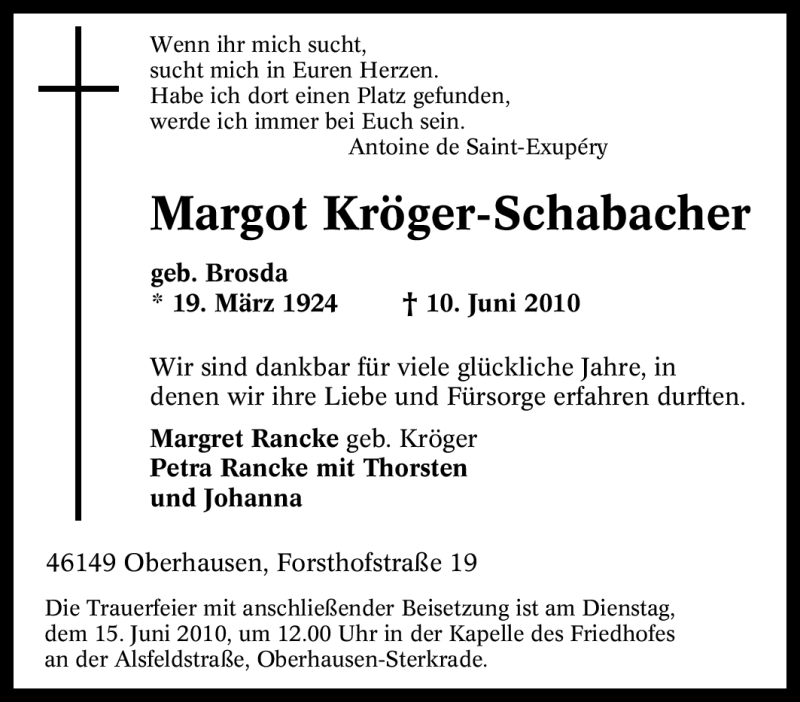 Traueranzeigen von Margot Kröger Schabacher Trauer in NRW de