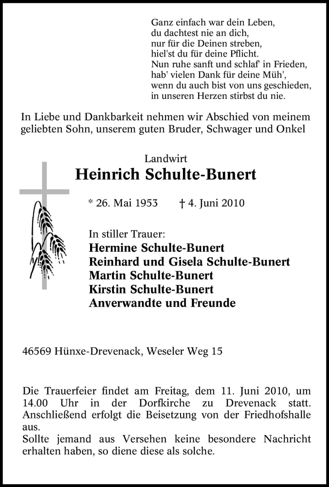 Traueranzeigen Von Heinrich Schulte Bunert Trauer In Nrw De