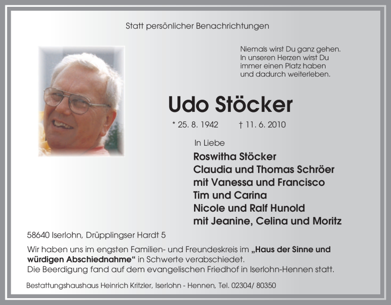 Traueranzeigen von Udo Stöcker Trauer in NRW de