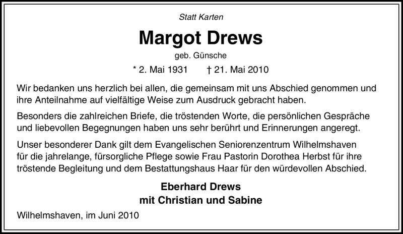 Traueranzeigen Von Margot Drews Trauer In Nrw De