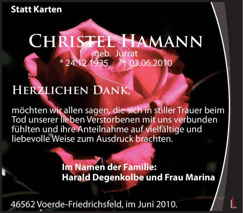 Traueranzeigen Von Christel Hamann Trauer In Nrw De