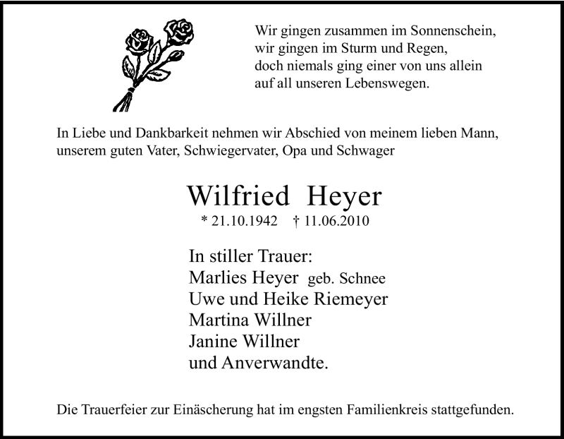 Traueranzeigen Von Wilfried Heyer Trauer In Nrw De