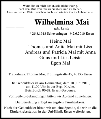 Traueranzeigen Von Wilhelmina Mai Trauer In Nrw De