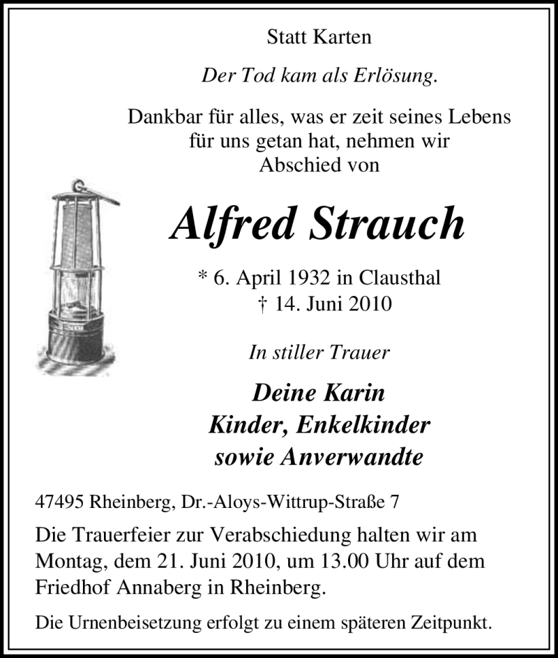 Traueranzeigen Von Alfred Strauch Trauer In NRW De