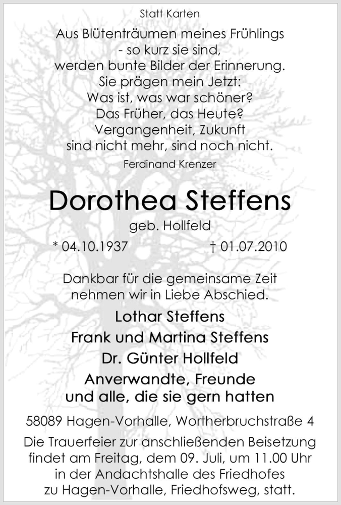 Traueranzeigen Von Dorothea Steffens Trauer In NRW De