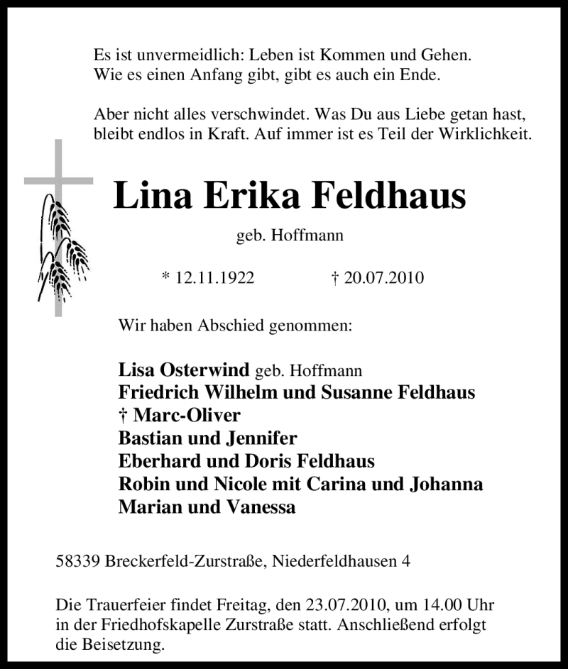 Traueranzeigen Von Lina Erika Feldhaus Trauer In Nrw De