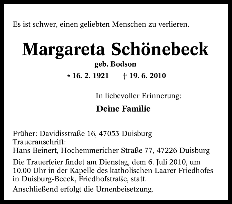 Traueranzeigen Von Margareta Sch Nebeck Trauer In Nrw De