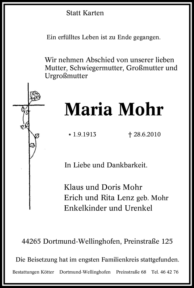 Traueranzeigen Von Maria Mohr Trauer In NRW De