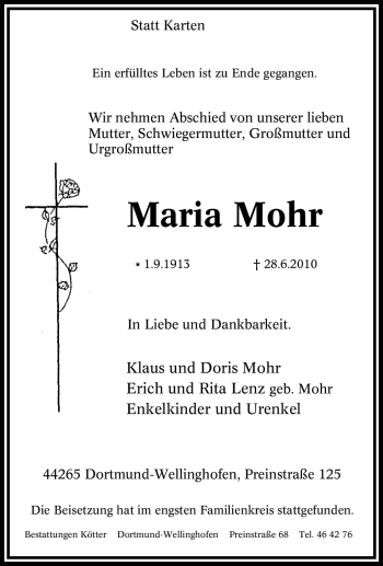 Traueranzeigen Von Maria Mohr Trauer In NRW De