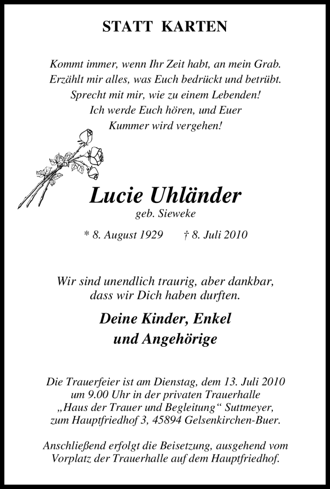 Traueranzeigen Von Lucie Uhl Nder Trauer In Nrw De