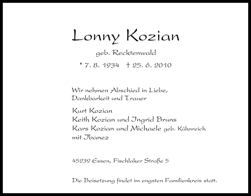 Traueranzeigen Von Lonny Kozian Trauer In Nrw De