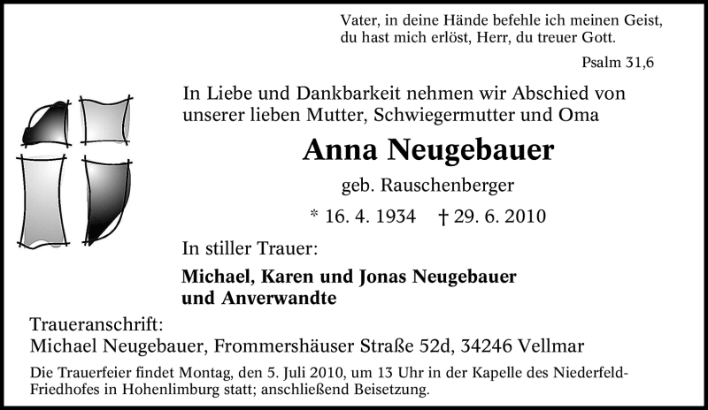 Traueranzeigen Von Anna Neugebauer Trauer In Nrw De