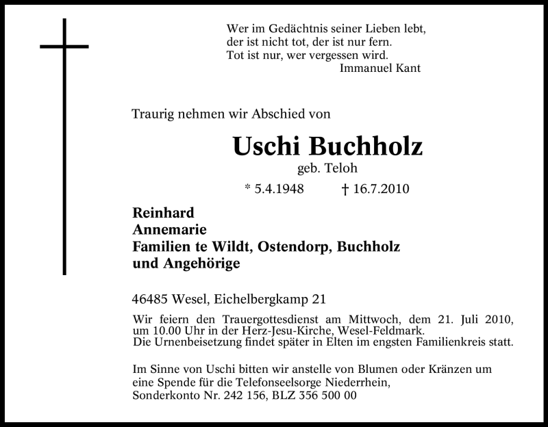 Traueranzeigen Von Uschi Buchholz Trauer In NRW De