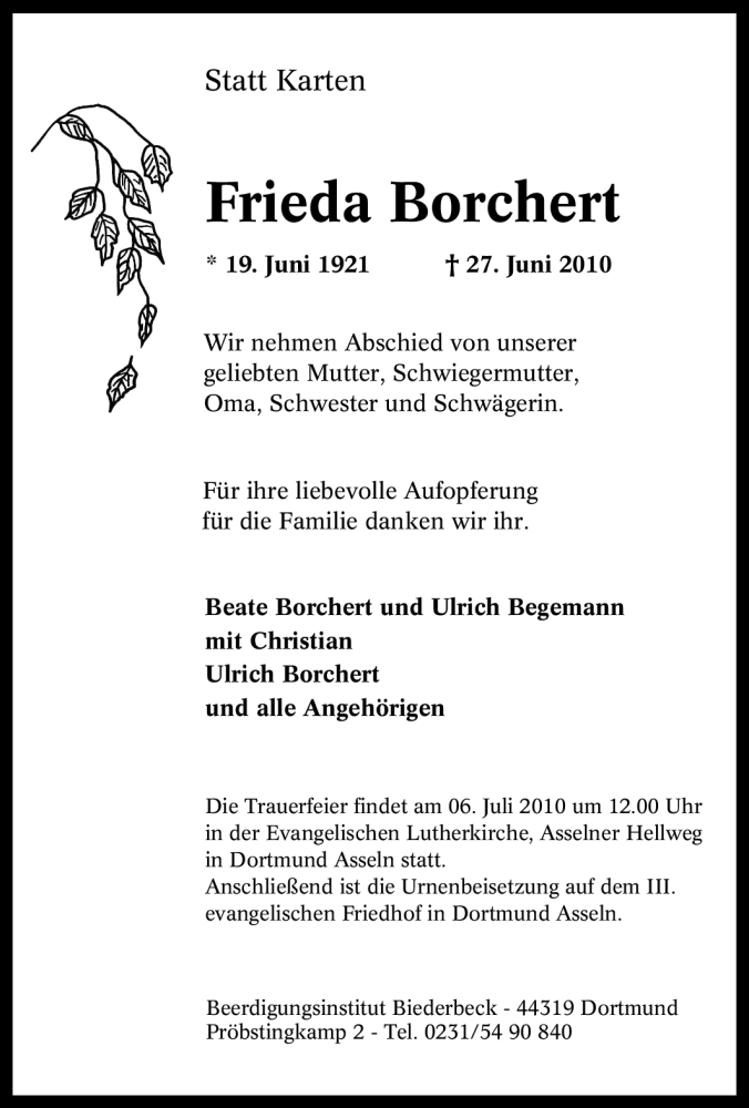 Traueranzeigen Von Frieda Borchert Trauer In Nrw De