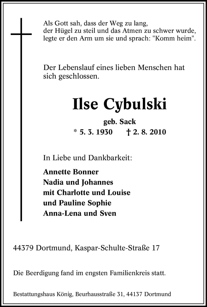 Traueranzeigen Von Ilse Cybulski Trauer In NRW De