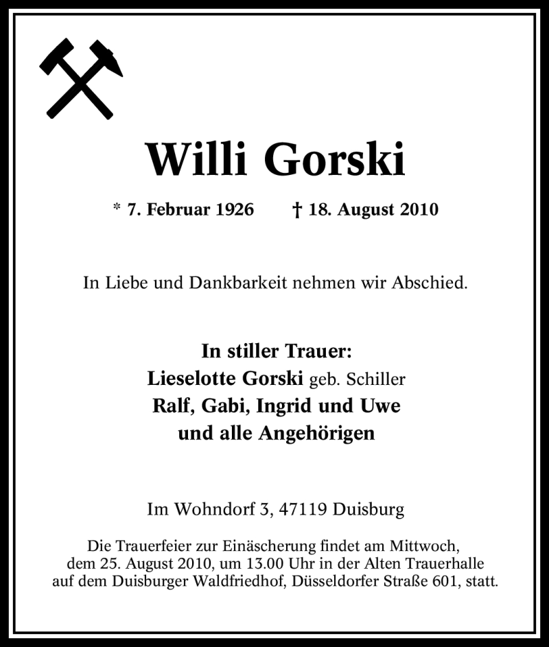 Traueranzeigen Von Willi Gorski Trauer In NRW De